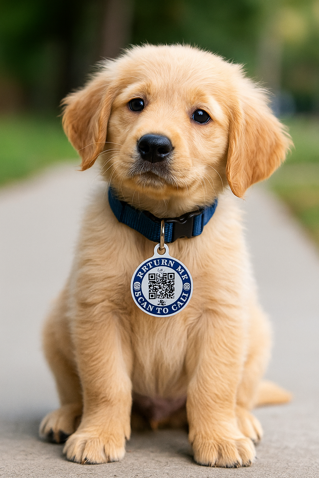 Cute puppy with a QR code tag